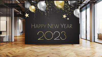 happy new year 2023 - Black and gold balloons and stars - party festive design Wall mural