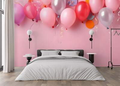 Pink festive balloons background banner for celebration, birthday, party, new year - Generative AI Wall mural