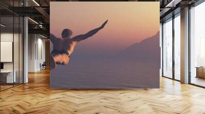 Athlete jumps into a lake Wall mural