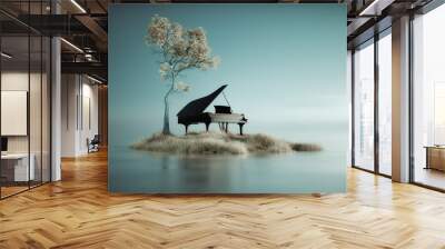 Piano on a piece of land in the water . Peaceful and silence concept. Wall mural