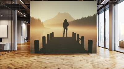 Pontoon foggy lake Wall mural