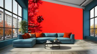 Red New Year and Christmas background. Decor, toys, decorations, balls, lollipops. Wide banner Wall mural