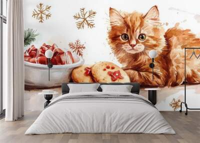 A playful ginger cat surrounded by festive cookies, treats, and holiday decorations, perfect for Christmas-themed designs. Wall mural