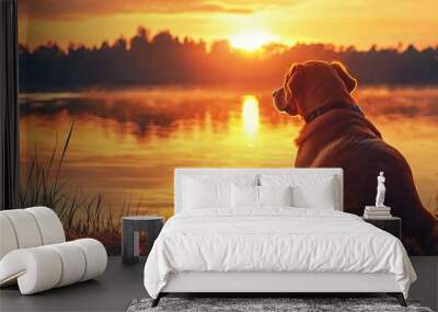 A serene sunset view with a dog looking at the water, capturing the beauty of nature and companionship in golden hues. Wall mural