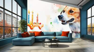 Watercolor illustration of a happy dog looking at a birthday cake with colorful candles, celebrating a joyful occasion. Wall mural