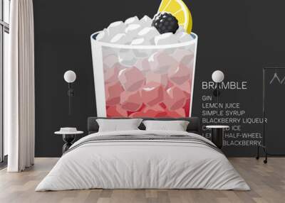 Glass Bramble cocktail ice lemon blackberry vector illustration Wall mural