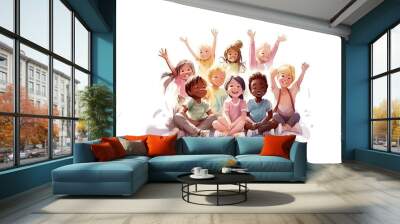 group of happy children on white background. Illustration in watercolor painting style. Generative AI. Wall mural