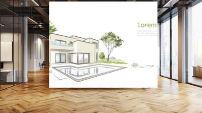 Vector architectural sketch modern exclusive house.  Wall mural