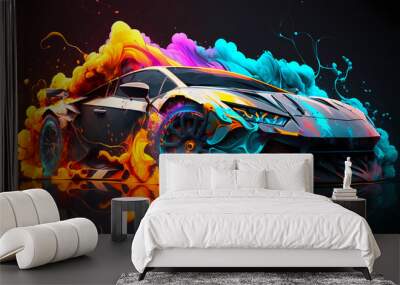 An illustration of a futuristic sports car surrounded by colorful splashes. Generative AI. Wall mural