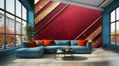  Burgundy background with diagonal golden lines, sparkling particles, and deep red texture, giving a rich and luxurious abstract style. Wall mural