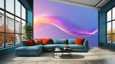 Abstract pink and blue glowing wave with soft gradients, smooth flowing curved line, subtle sparkles on a gradient pastel background. Wall mural