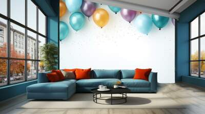 birthday Background with fastive air balloons of round shap, minimal birthday, colorfull balloons, in blue and white background, father's Day, Valentine Day, Celebration Wall mural