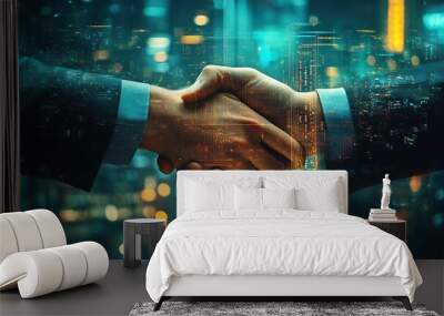 business handshake with a digital overlay of a city skyline at night Wall mural