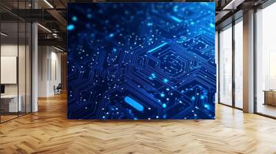 circuit board lines glowing on a blue background, creating a tech-inspired, dynamic design with a modern and high-tech feel. Wall mural