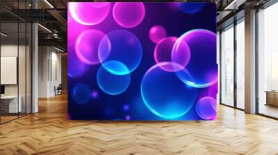 Colorful bubbles in shades of neon pink, purple, and blue floating on a dark background, perfect for abstract and modern design visuals Wall mural