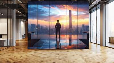 Confident Businessman in Sleek Office Setting with City View
 Wall mural