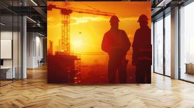 Construction Site Silhouette Wallpaper: Engineers Overlooking Sunset, Wall mural