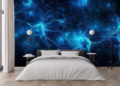 Digital rendering of a neural network in glowing blue hues, representing neuron activity and complex networks against a starry backdrop, suitable for neuroscience and AI visualization. Wall mural