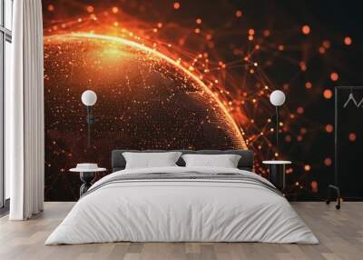 Digital visualization of a global network with orange data points connecting continents on a dark background, perfect for technology, global business, and communication themes,
 Wall mural