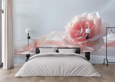 Elegant pink rose with a ribbon wrapped around it on a gentle light background Wall mural