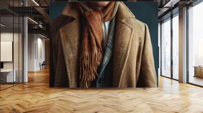 Fashionable winter attire featuring a stylish coat and scarf in a professional studio setting Wall mural