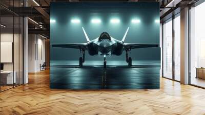 fighter jet parked in a dimly lit hangar, illuminated by overhead lights, evoking strength, power, and advanced military technology. Wall mural