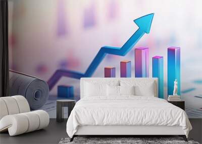 Finance stock image background featuring a blue upward-pointing arrow and bar graphs for business presentations, investment success, or economic analysis themes. Wall mural