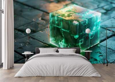 Futuristic Digital Art, Illuminated Cube with Green Edges
 Wall mural