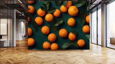 Oranges and green leaves on dark green background Wall mural