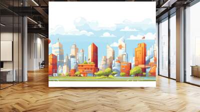 Urban Skyline Vector Illustration, Colorful Modern Cityscape with Floating Balloons Wall mural