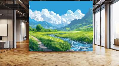 Vector - A peaceful landscape illustration depicting a river meandering through a green valley under a bright sky. Wall mural