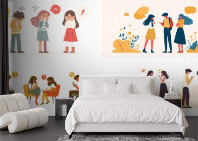 Vector illustration of couples and groups having conversations, perfect for social-themed backgrounds, wallpapers, and educational materials.
 Wall mural