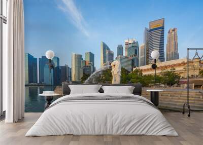 Blue nice sky with Merlion park and landmark buidings in Singapore city, Singapore Wall mural