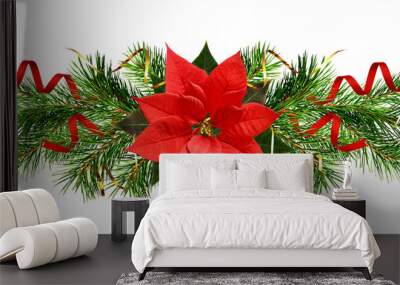 Christmas tree branches and red poinsettia flower in a holiday line arrangement isolated on white or transparent background Wall mural