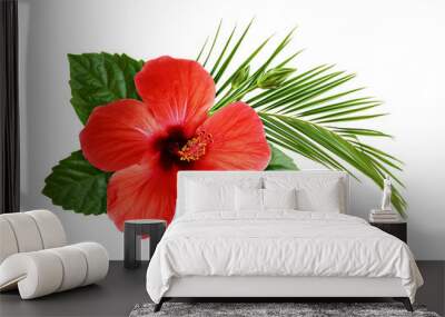 Hibiscus flower with palm leaf in floral tropical composition Wall mural