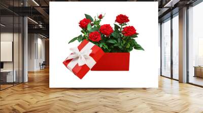 Opened red gift box with bouquet of rose flowers isolated on white Wall mural