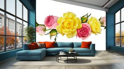 Pink and yellow rose flowers in a line arrangement isolated on white or transparent background. Flat lay. Top view. Wall mural