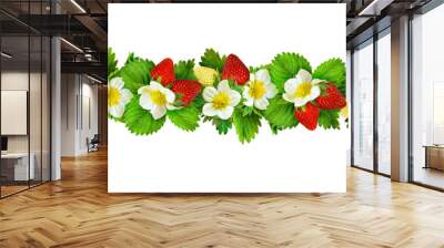 Seamless pattern with strawbwrries flowers, berries and leaves Wall mural