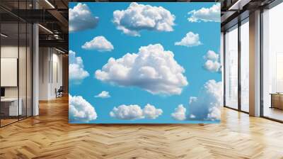 3d cloud. White cartoon fluffy clouds in bubble shape in blue sky, summer rounded cumulus icons. Weather forecast realistic symbols vector set. Outdoor nature, spring weather cloudscape Wall mural