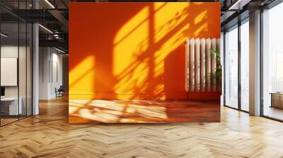 3D rendering of a sunlit room featuring a radiator mounted on an orange wall Wall mural