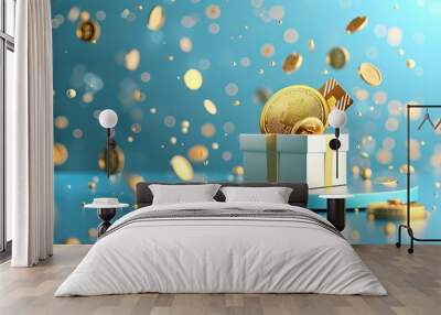 A 3D gift box coupon for sales features gold coins and a credit card in the box, set against a 3D podium and blue light background, serving as a cashback template design with a coupon code promotion Wall mural