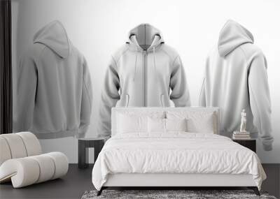 A 3D illustration of a blank tracksuit top or jacket, designed for sportswear, shown from the front, side, and back Wall mural