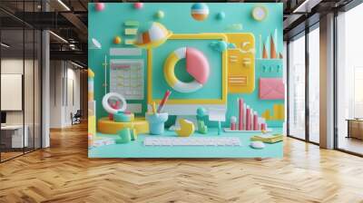 A 3D render illustration depicting the concept of SEO optimization, web analytics, and SEO marketing Wall mural