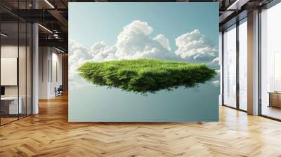 A 3D rendered image of a floating slice of land with a green grass surface, creating a surreal and isolated grass field floating in the air with clouds Wall mural