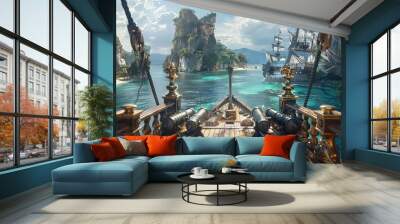 A background view from a pirate ship's deck looking towards a tropical island with a hidden Corsair treasure chest, featuring a battleship with a skull and crossbones flag Wall mural