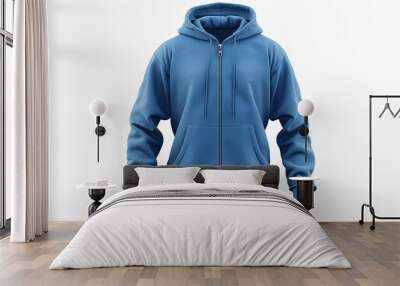 A blank blue men's hoodie, designed with long sleeves and a zipper for mockup purposes, isolated on a white background Wall mural