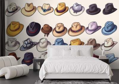 A cartoon hats collection features female and male headwear including derby, cowboy, straw hat, cap, panama, and cylinder, in a summer women vintage fashion hats vector set Wall mural