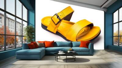 A casual style yellow leather sandal isolated on a white background, providing copy space for text and logos, highlighting the versatility and appeal of the footwear Wall mural