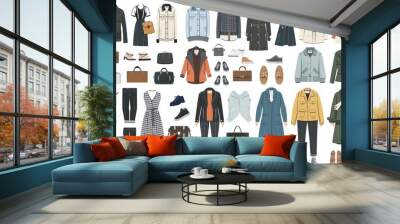 A collection of fashionable attire including garments and accessories for both genders, featuring casual dresses, trousers, jackets, footwear, and bags, depicted in flat graphic vectors isolated Wall mural