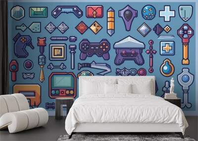 A collection of minimalist pixel art vector objects, meticulously isolated, featuring pixel game buttons and an 8-bit UI gaming bar notation, encompassing video-game pixel magic items Wall mural